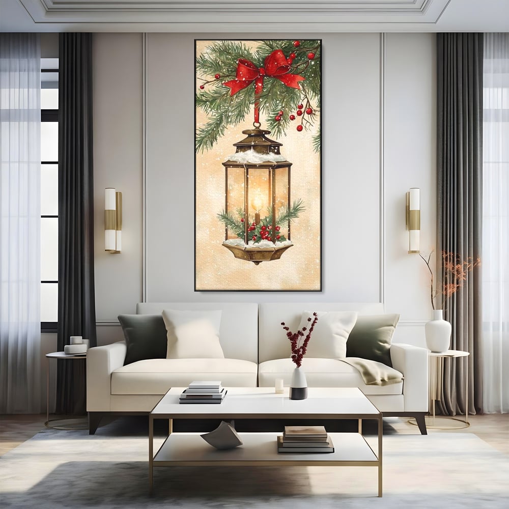 Tablou canvas cu tablou canvas cu felinar de iarna, in rama de aluminiu negru, pe perete intr-un living
